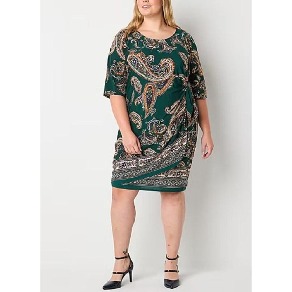 Robbie Bee Women's Size 3X Plus Dress Elbow Sleeve Paisley Sheath Green
